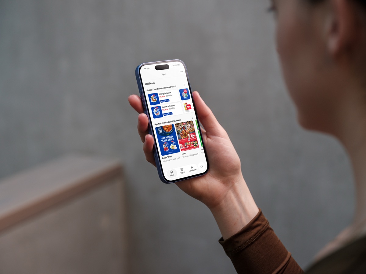 Kupp-appen p&aring; en iPhone som viser tilbud og handleliste
