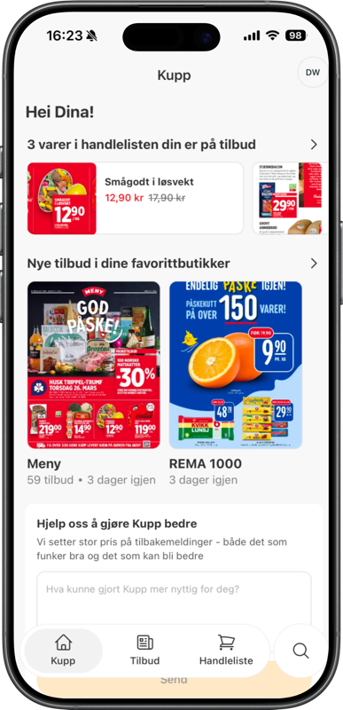 Kupp viser tilbud p&aring; varene i handlelisten din